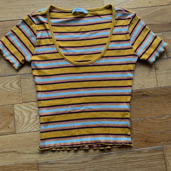 Zara Trafaluc Ribbed Striped Crop Top | Mustard Yellow Retro Tee | Size S - Picture 2 of 7